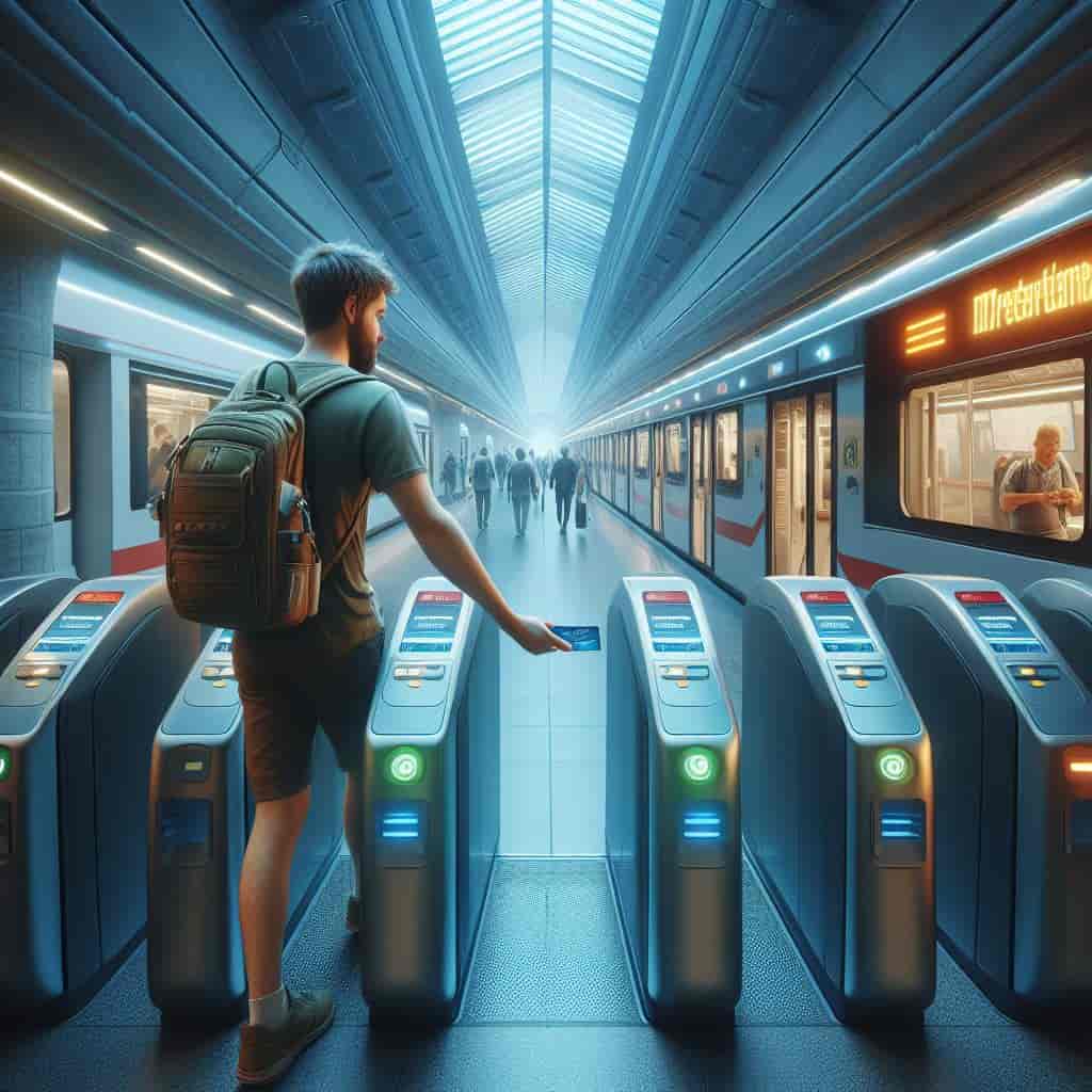 Viajero del metro pasando tarjeta por los validadores